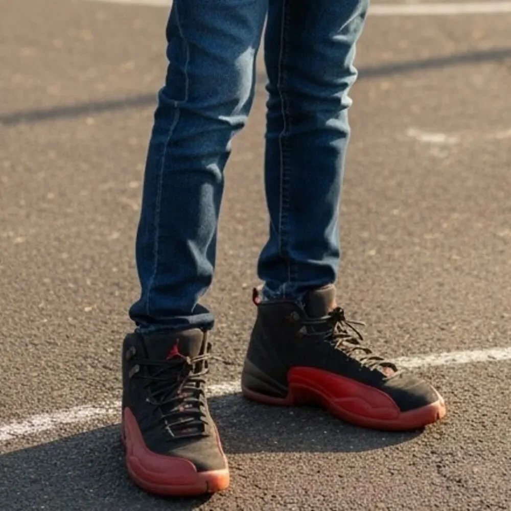 NIKE AIR JORDAN 12 RETRO Boys Black & Red Sneakers - Size: 5Y